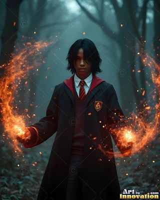 Wearing a school robe and red tie in a dark forest, a man holds bright orange flames in his open hands