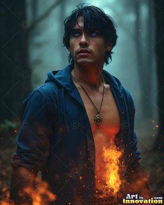 A man with blue eyes stands in a dark woods as bright orange fire burns on his chest