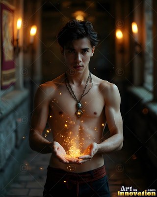 Facing forward in a stone hall, a shirtless young man holds up yellow sparks in his cupped hands