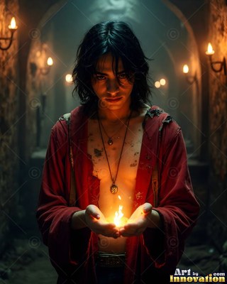 A dark-haired young man in an unfastened red robe holds a small fire in cupped hands