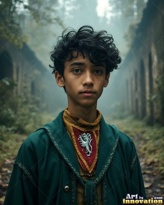 In a foggy courtyard, a young man wears a green hooded robe with a crest