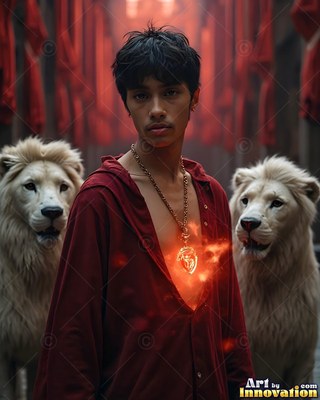 Standing between two white lions, a young man wears an unbuttoned red shirt and a bright pendant