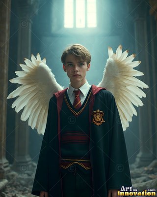 A young man with white feathered wings in a dark stone hall