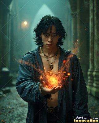In an open blue robe, a young man holds bright orange sparks in a dim stone hall
