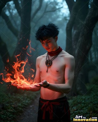 A young man holds up bright red flames in his hands that cast light across his bare chest