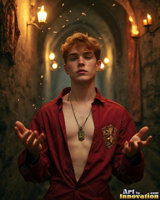 Facing forward in a stone hall, a young man carries his hands out in a parted red shirt