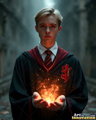 A blond young man in a school robe holds warm orange sparks in his hands