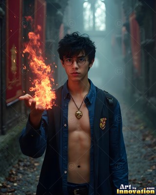 In a dim castle alley, a young man with glasses holds bright fire