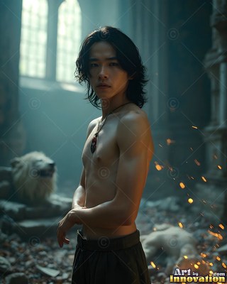 Standing shirtless near a white lion, a young man watches sparks drift in a stone hall