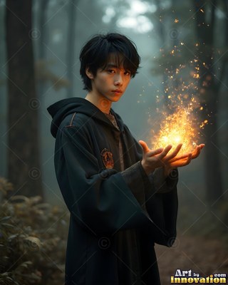 A young man in black robes holds bright sparks in a forest