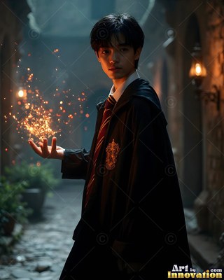 Wearing a black robe and striped tie, a young man clutches bright sparks in a stone courtyard
