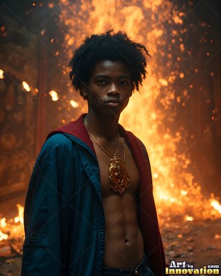 A young man stands before fire in an open jacket, illuminated by warm orange sparks