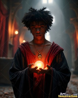 Facing forward in a dim castle, a young man holds up a bright orb in his hands