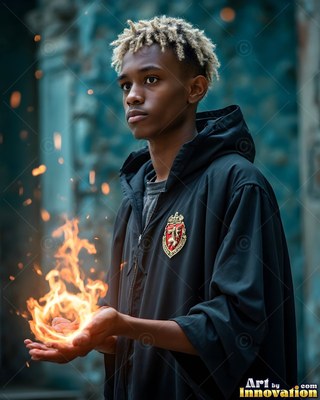 A young man in a black robe holds a circle of fire in his open hands