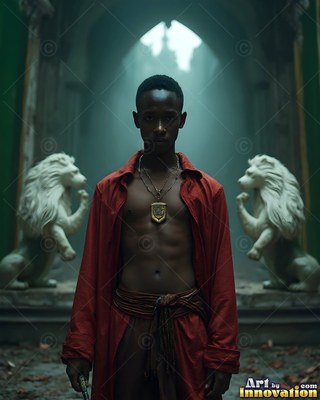 In a dim stone hall, a young Black man stands between two lion statues
