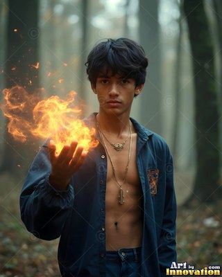 Holding fire in his palm, a young man stands in an open blue shirt in misty woods