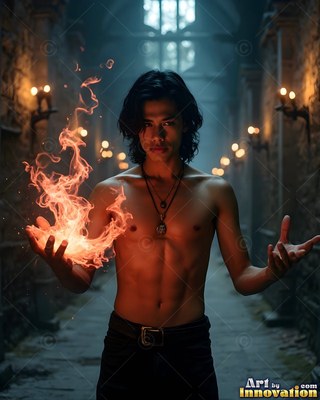 A shirtless man holds orange fire in a dark hall