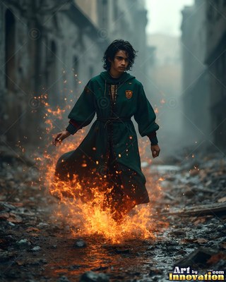 Dark green robes drape around a young man walking through orange flames on a ruined street