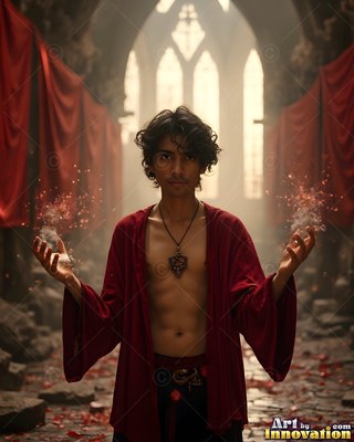 A young man holds up red sparks in an open stone hall filled with hazy light