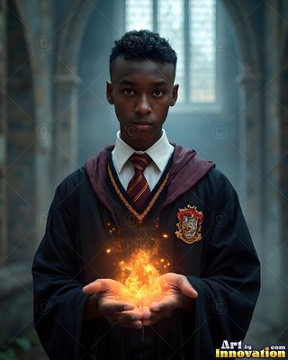 Facing forward in a stone hall, a young man holds yellow fire in cupped hands
