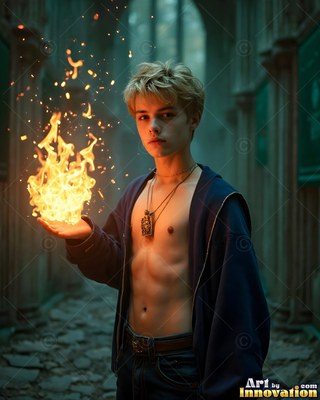 A young blond man in an unfastened blue jacket holds fire in his hand