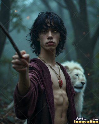 In a misty wood, a shirtless young man holds a wand beside a white lion