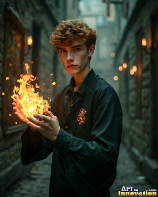 Holding fire in his hands, a young man with wavy hair stands in a dim stone alley