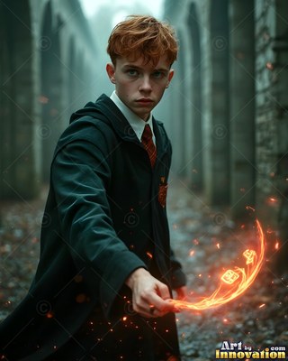 A young man in a black robe casts bright sparks outdoors