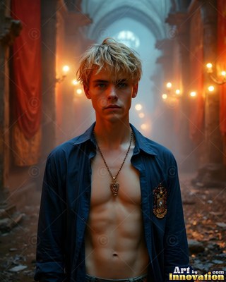 An unbuttoned dark shirt on a blond young man standing in a torchlit stone hall
