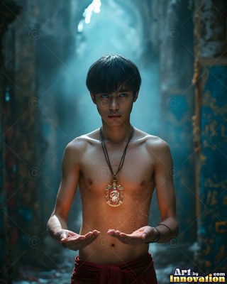 A shirtless young man holds his palms up beneath a pendant shining with warm orange light