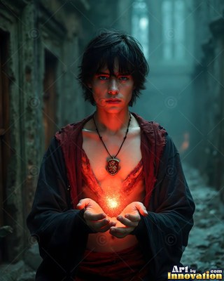Facing forward in a dim hallway, a young man carries red light between his hands