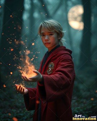 A young blond man in a bright red robe holds bright sparks in a dark forest