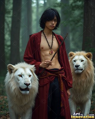 In a misty forest, a shirtless man in a red robe stands with two white lions