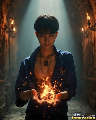 Holding fire in his hands, a young man stands in an open blue shirt under a spotlight