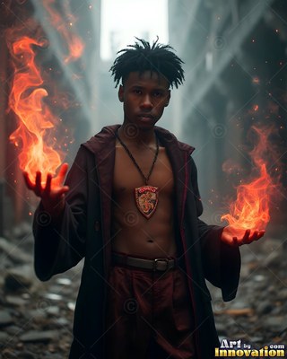 A young man wearing an unbuttoned robe holding fire in his hands