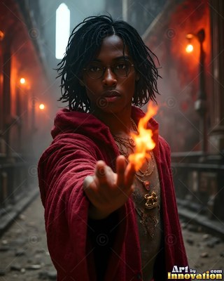 Glasses resting on his nose, a young man carries fire in a dim, stone castle hall