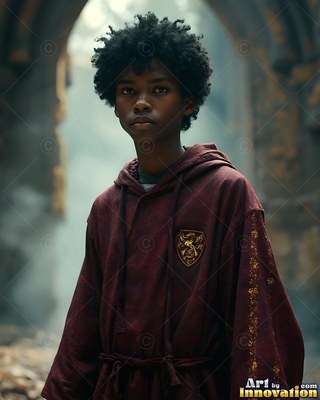 A young man stands in a stone archway wearing a dark red hooded robe