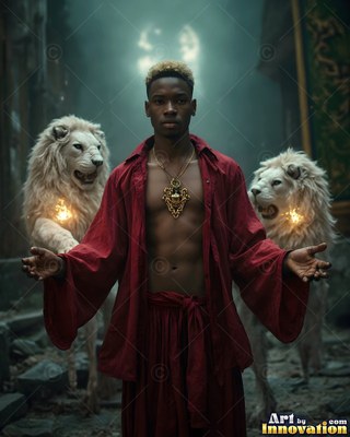 Facing forward in a dim castle hall, a man stands between two white lions