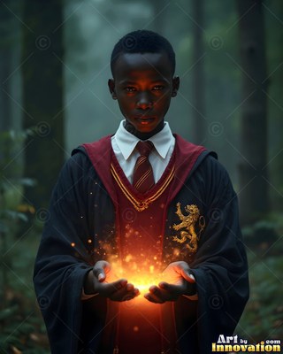 A young man in school robes holds bright sparks in his hands in the woods