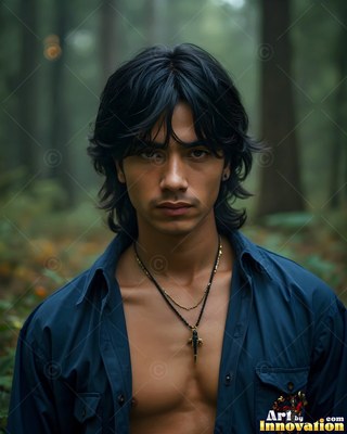 In a dim forest, a dark-haired man stands wearing an unbuttoned blue shirt