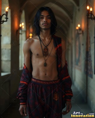 Standing in a stone hallway, a shirtless young man wears dark patterned pants and robes