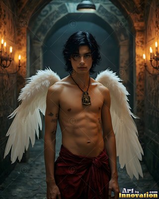 A shirtless winged man stands in a dark stone hallway with candles