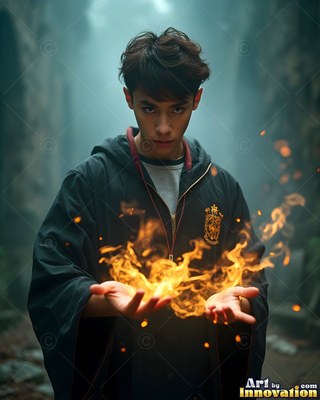 Wearing a dark hooded robe, a young man holds bright fire in his open hands outdoors