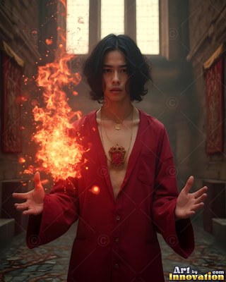 A young man carries up bright orange fire in his open hand inside a stone hall