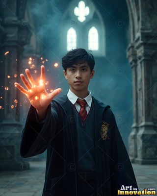 Facing forward in a stone hall, a young man holds out sparks in his open hand
