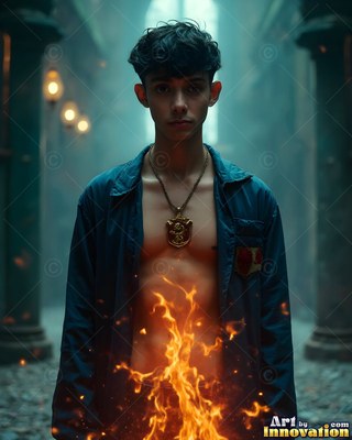 A young man in an unfastened blue shirt stands as orange flames rise up his chest