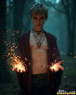 In a dark forest, a bare-chested young man wearing an unfastened robe holds sparks in his hands