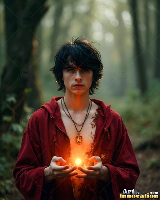 Holding a ball of orange fire, a young man in a red robe stands in a misty forest