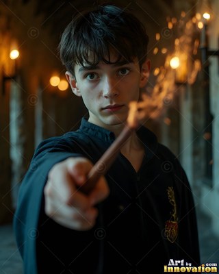 Young man in dark robes points a wand with bright sparks