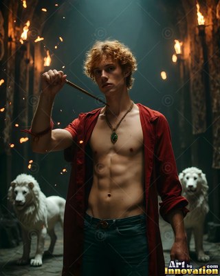 Wearing an open red shirt, a bare-chested young man grips a wand between two white lions in a torchlit stone hall